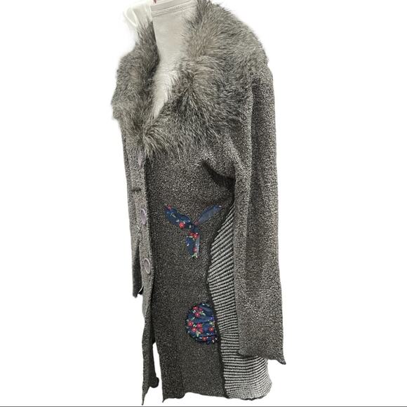 Papillon Embellished Gray Cardigan Faux Fur Collar M - Picture 3 of 8